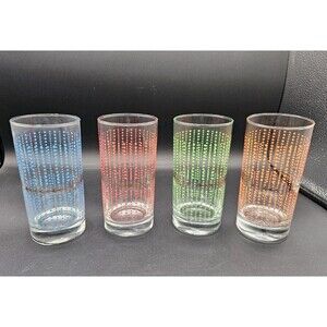 Vtg 4 Crisa 16 Oz Glasses Orange Green Red Blue Dots Gold Barware Rocks Cocktail